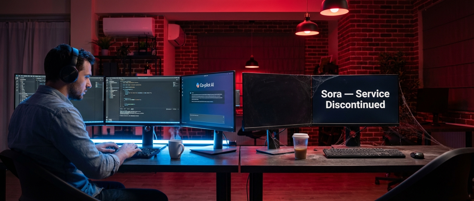Developer using AI coding tool versus abandoned Sora video generation interface