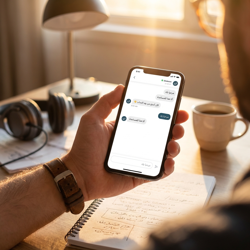 Smartphone showing AI chatbot conversation in Arabic for podcast planning