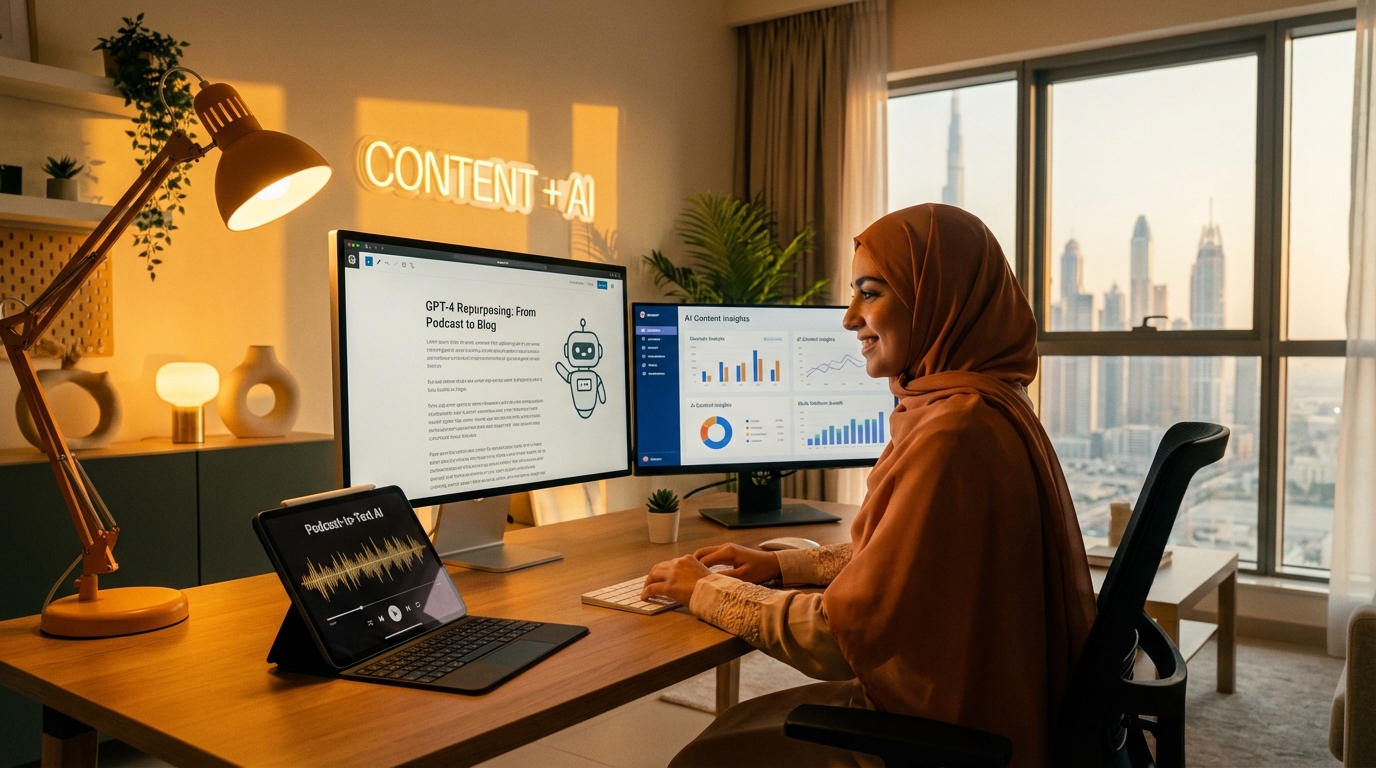 Arab woman content creator at multi-screen workspace repurposing content with AI tools