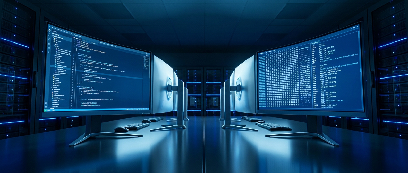 Dual AI cybersecurity workstations comparing GPT-5.4-Cyber and Claude Mythos interfaces