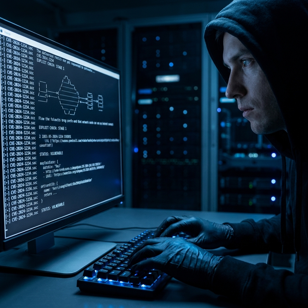 AI vulnerability scan terminal showing exploit chain analysis in blue-white light