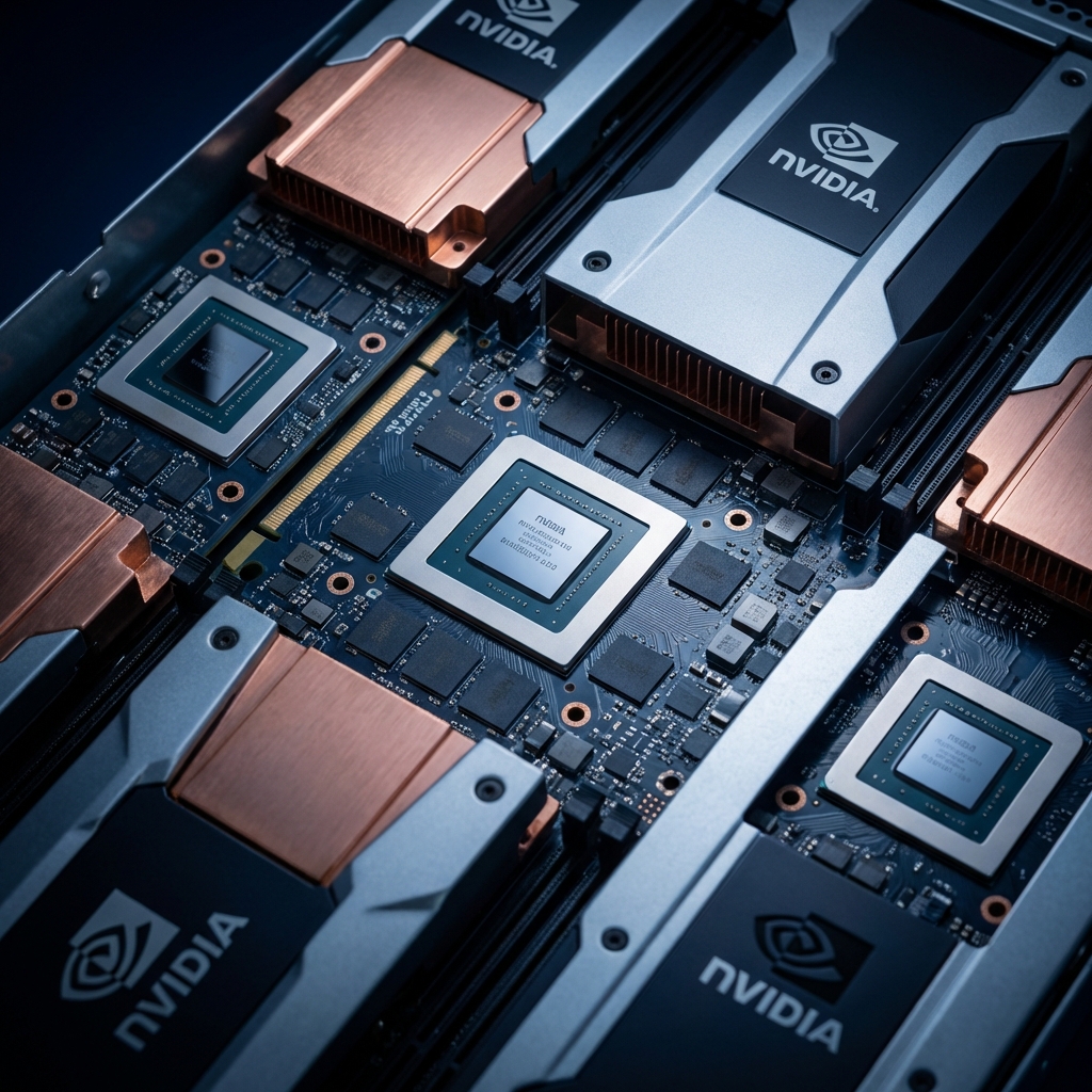 AI GPU server chips dark navy lighting