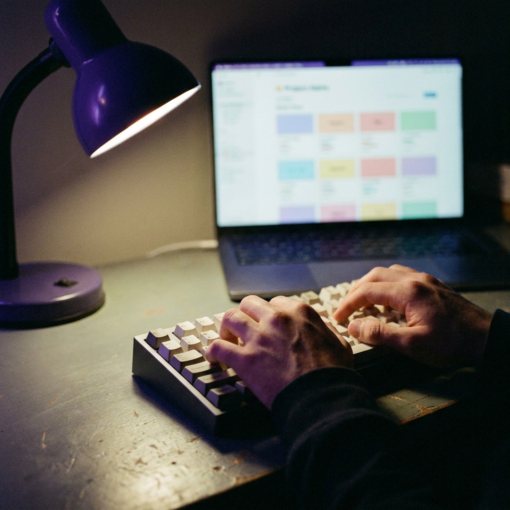 Hands typing with Notion database on screen