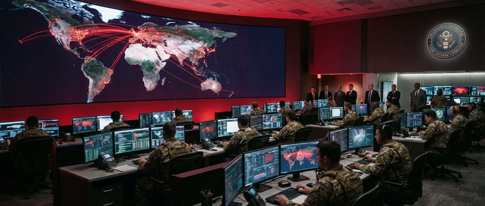 Government cybersecurity operations center monitoring AI-generated threat vectors and network intrusions