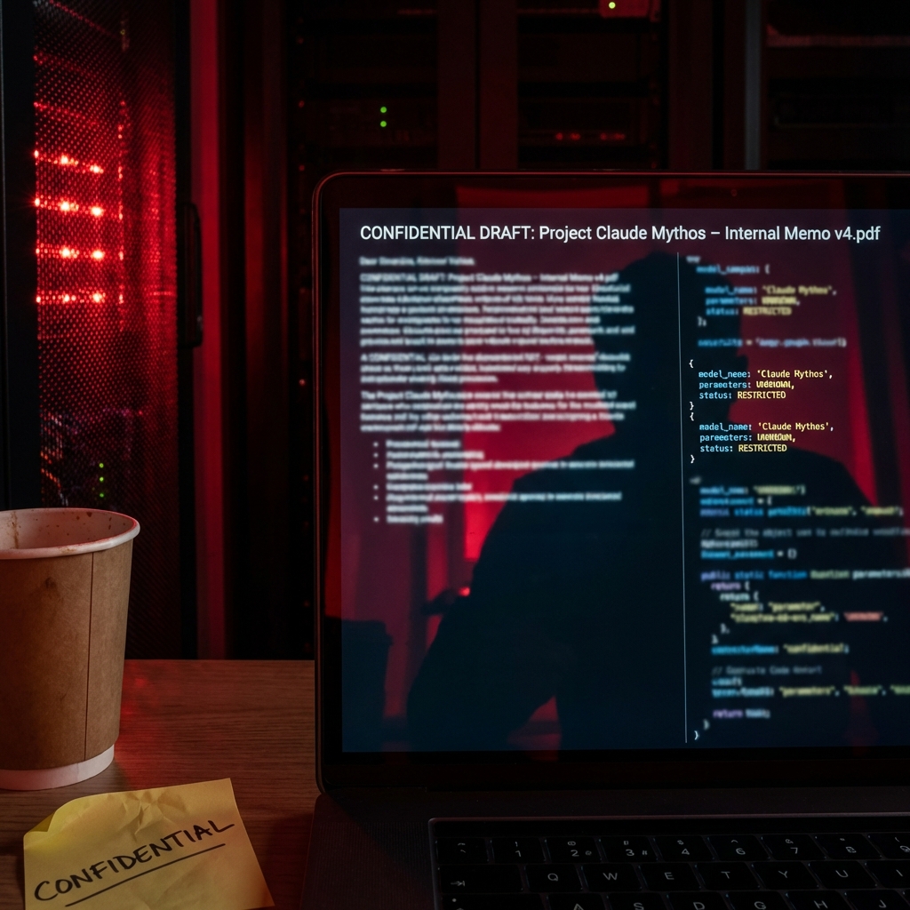 Leaked Anthropic internal documents on a laptop screen revealing Claude Mythos AI model