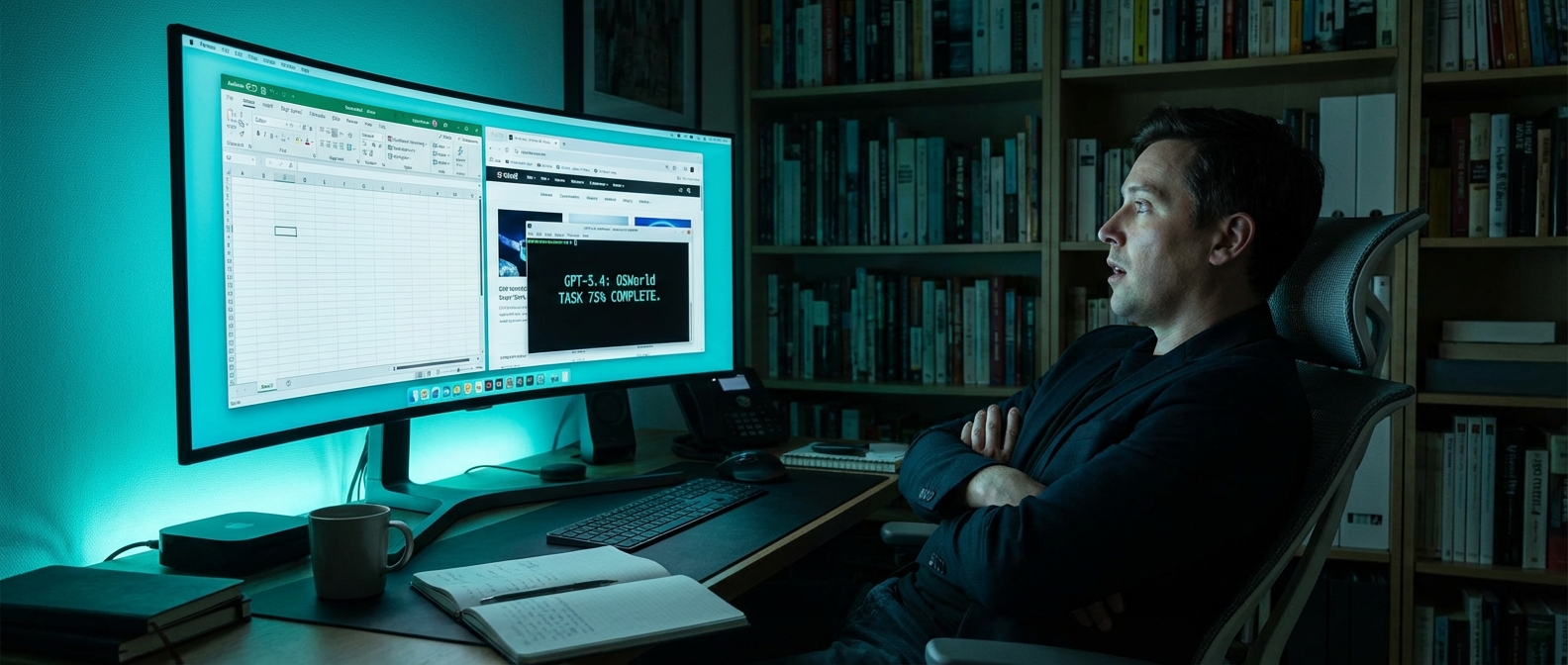 GPT-5.4 autonomously controlling a computer desktop, demonstrating AI computer use capabilities