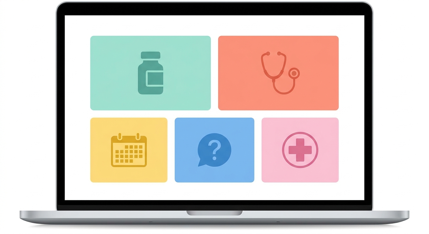 A shared family Notion page showing sections for medications, doctors, visits, open questions, and emergency info
