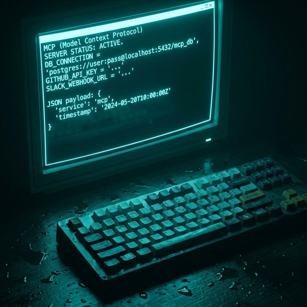 MCP protocol code terminal glowing with teal bioluminescent light