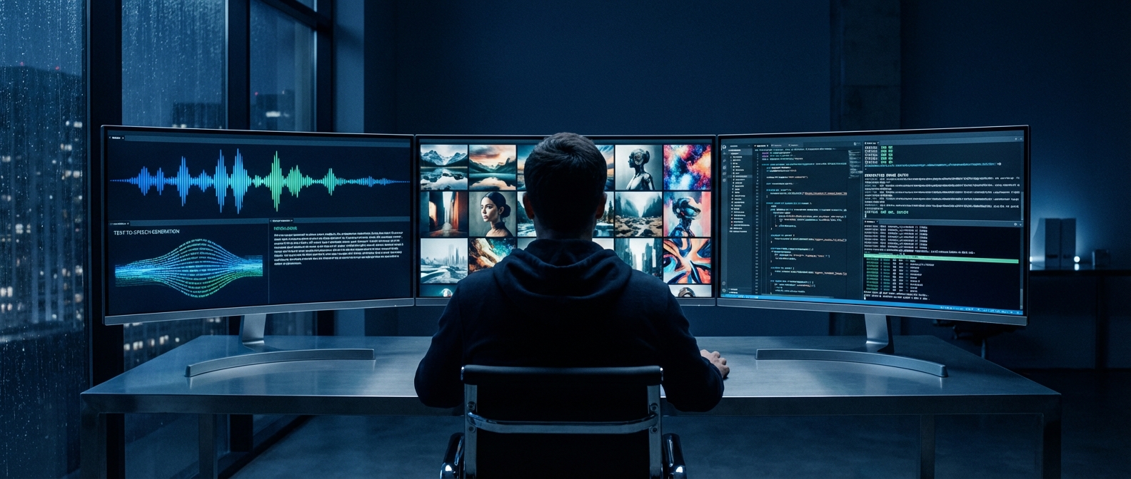 Developer using Microsoft MAI AI models across multiple monitors