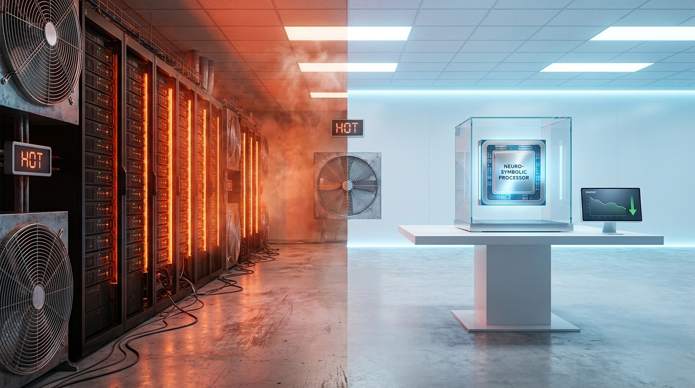 Side-by-side comparison of traditional AI data center power consumption versus efficient neuro-symbolic AI setup