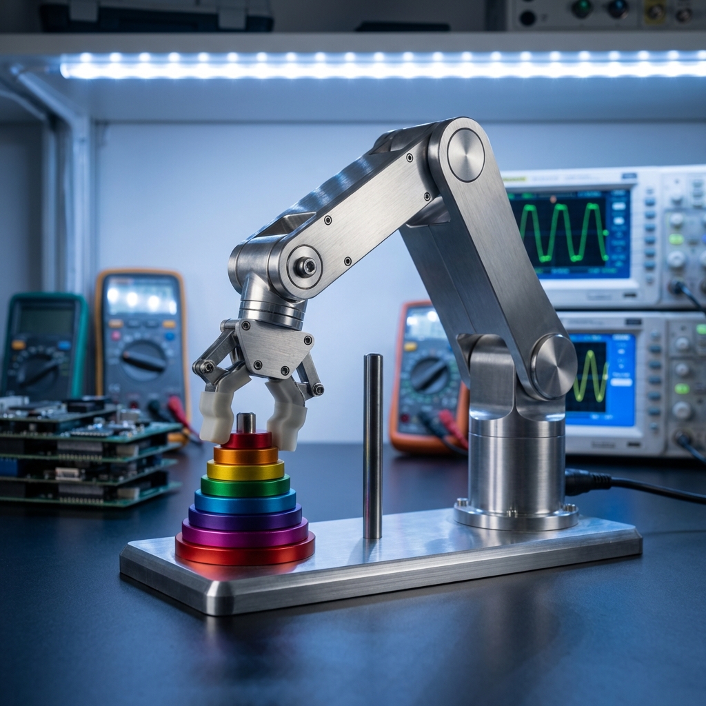 Robotic arm solving Tower of Hanoi puzzle in a crystalline blue-lit laboratory showcasing neuro-symbolic AI