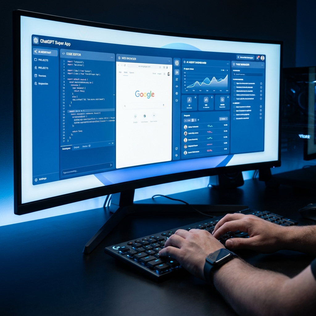 ChatGPT Super App interface on developer monitor with crystalline blue lighting