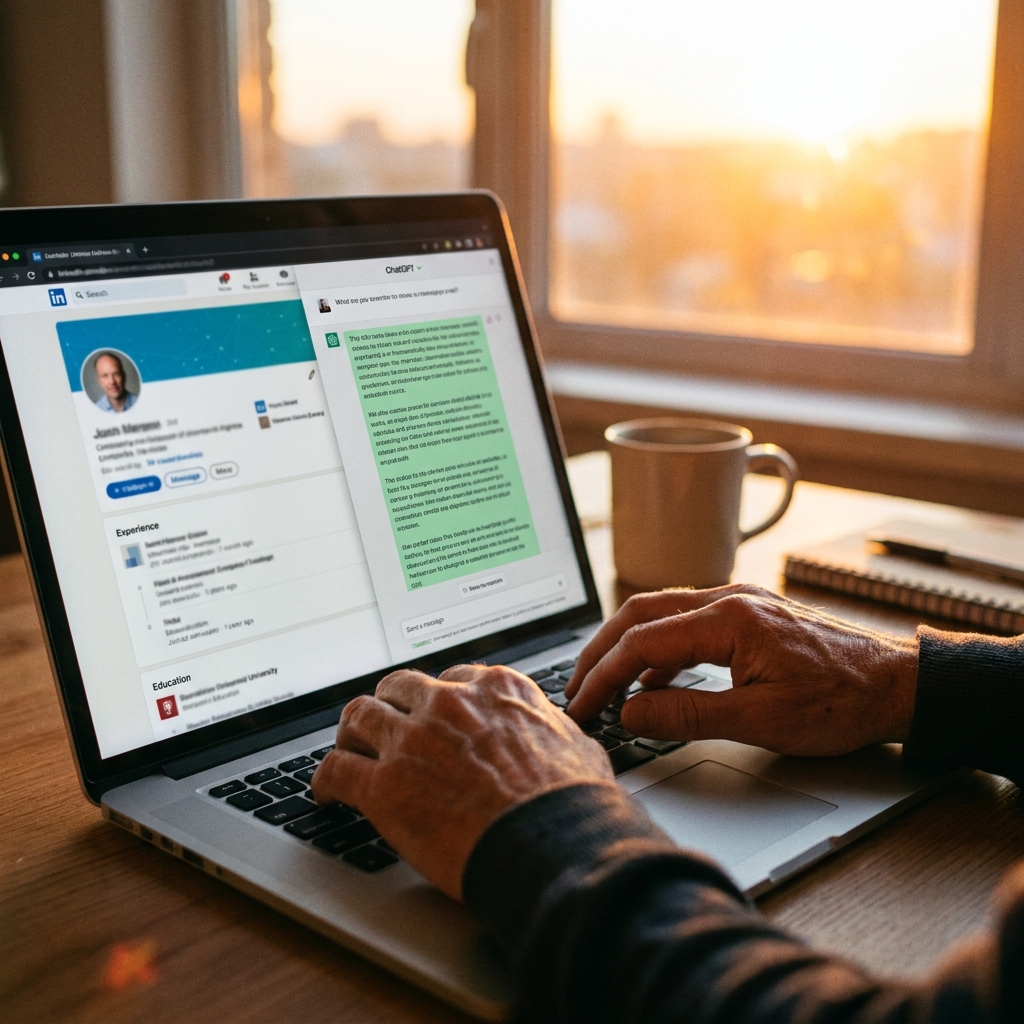 Researching recipient on LinkedIn with ChatGPT open in adjacent window