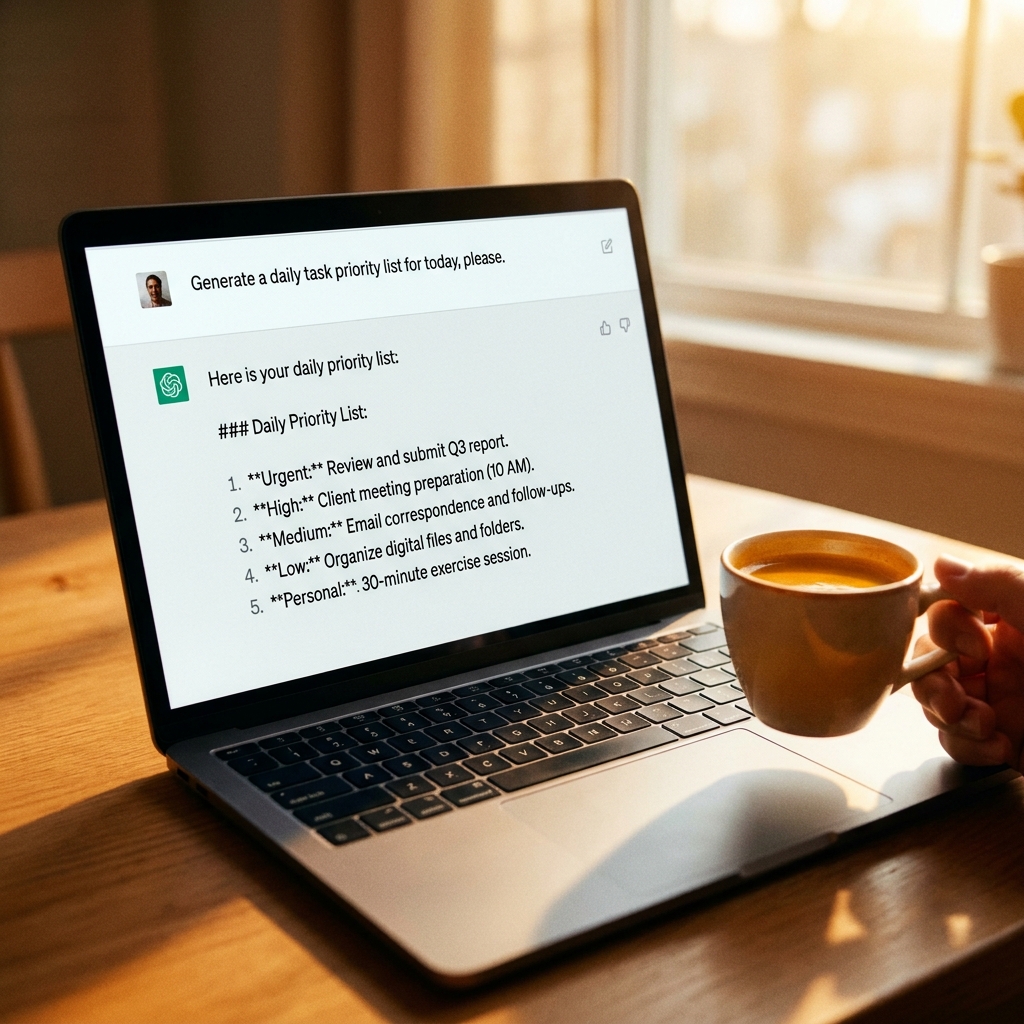 Laptop showing ChatGPT morning planning prompt with task priorities