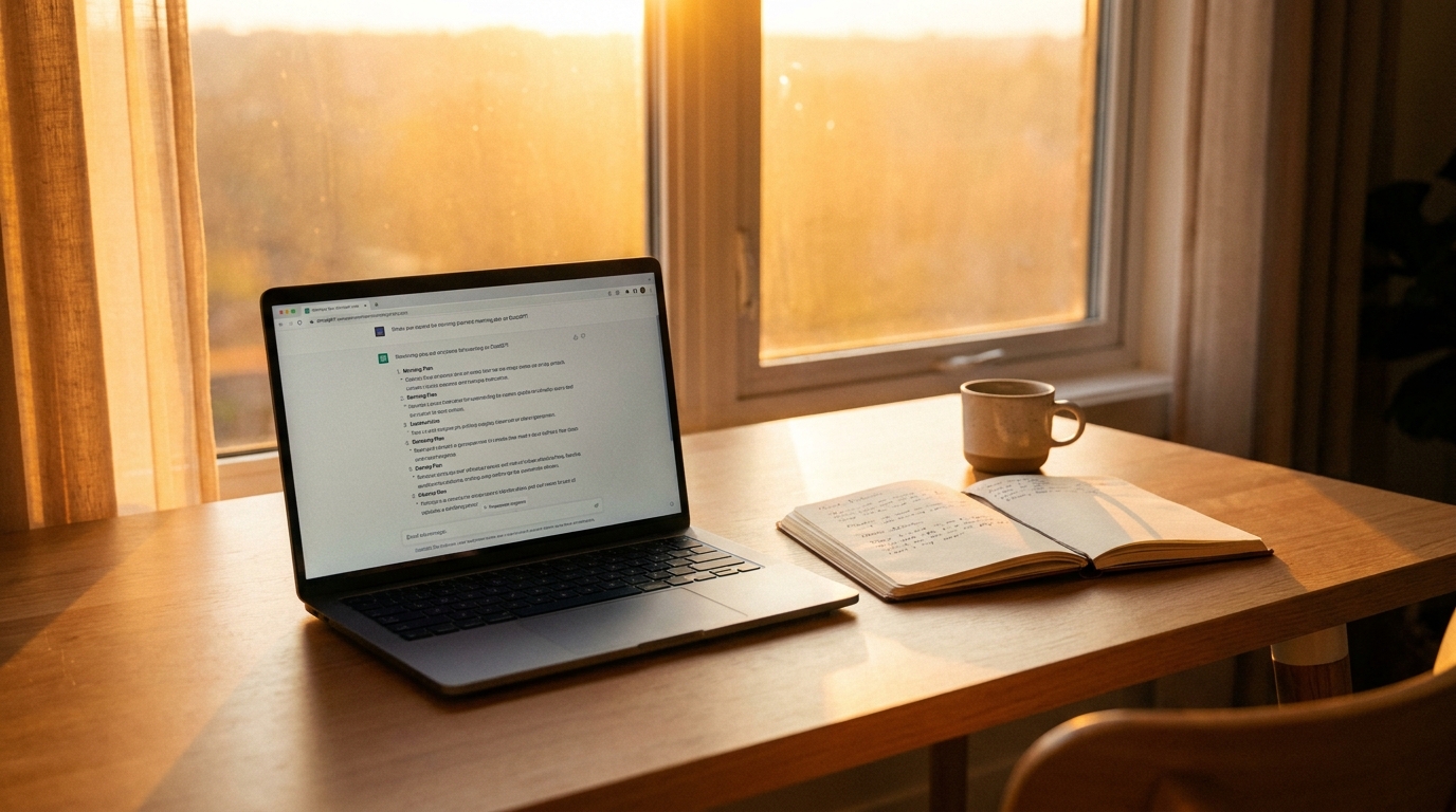 Morning workspace with ChatGPT plan and reflection notebook