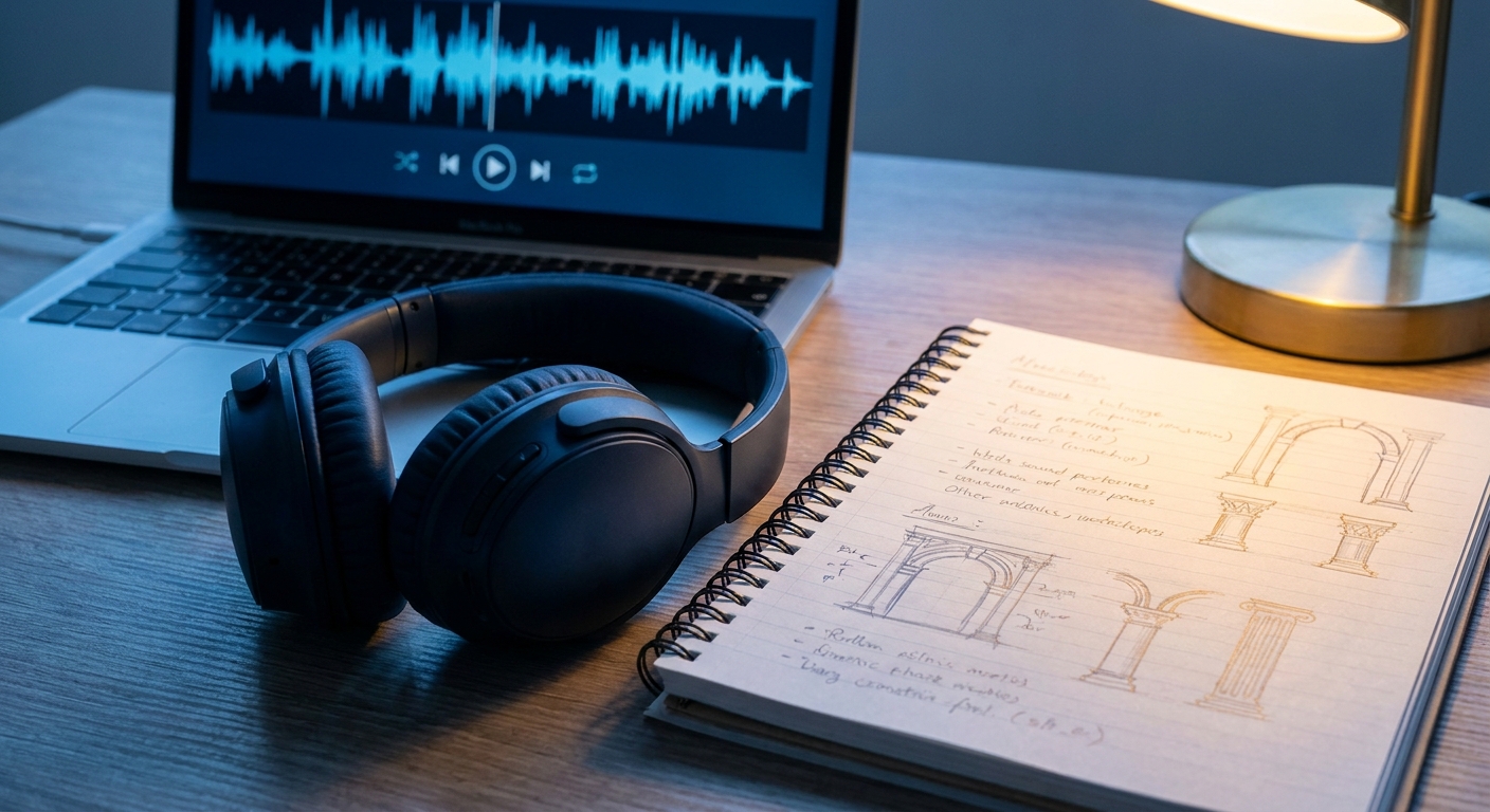 Headphones beside a laptop playing an audio overview for AWS exam preparation