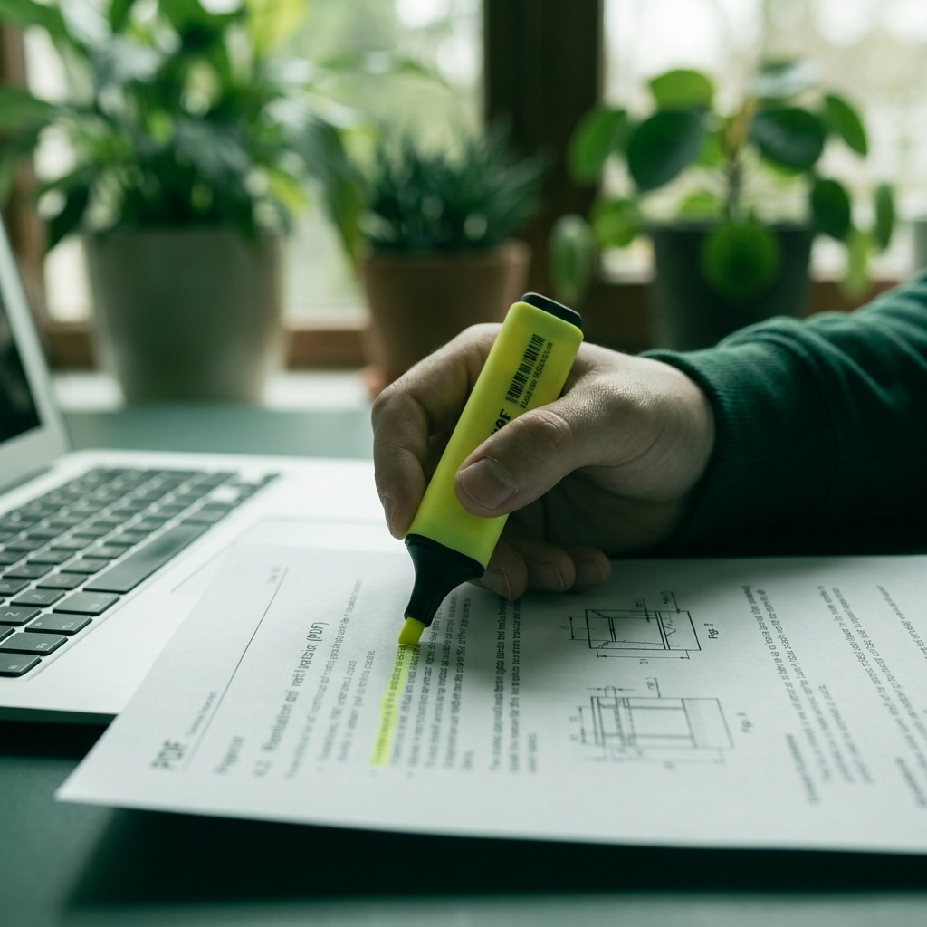 Close-up of a hand highlighting a printed study guide page beside a laptop running an AI research tool