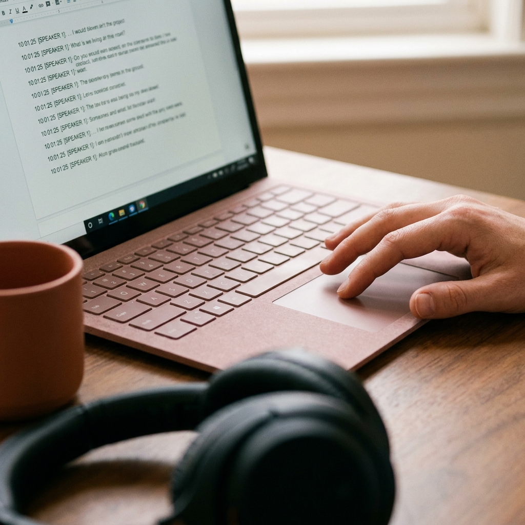 Close-up of a podcaster's hand on a laptop trackpad reviewing a transcript with timestamps