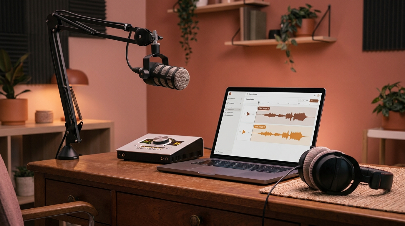 Home podcast studio desk with microphone, audio interface, and laptop running transcription software