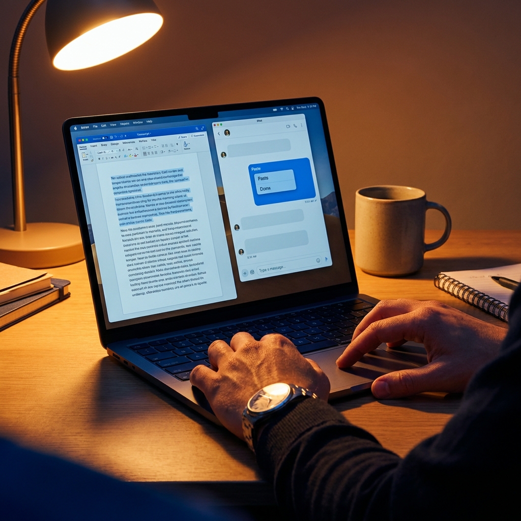 Close-up of a hand copying text between a transcript and a chat interface on a laptop screen