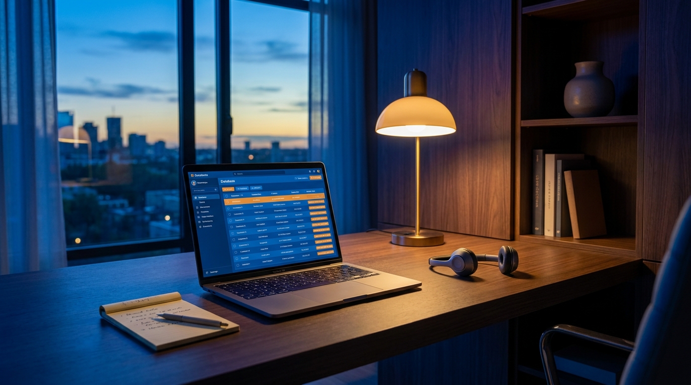 Home office desk with laptop showing a customer case study database view in late afternoon light
