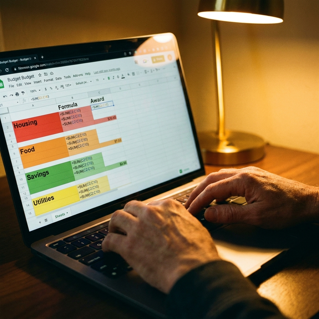Hands typing on laptop showing Google Sheets budget tracker