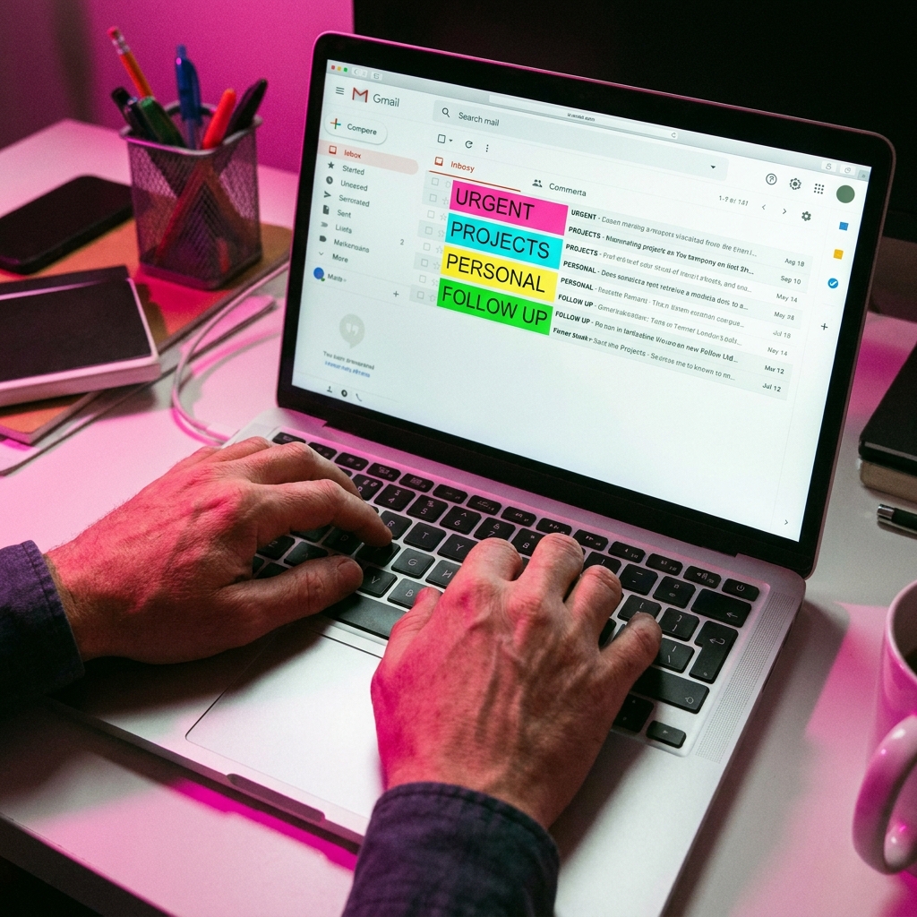 Hands typing with Gmail inbox and AI labels on laptop