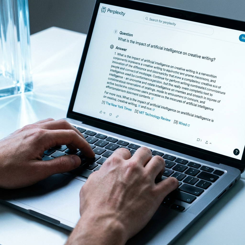Hands typing on laptop with Perplexity AI search interface