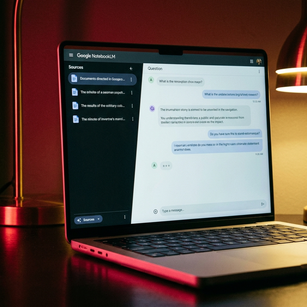 NotebookLM interface with uploaded sources and Q&A thread