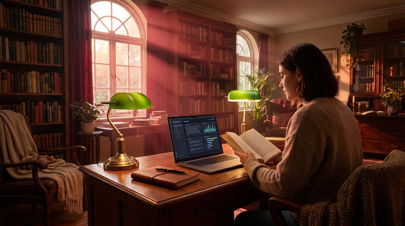 Home library workspace with book and NotebookLM on laptop
