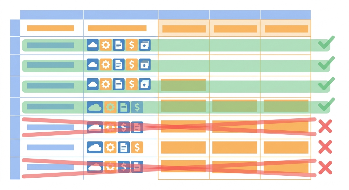 Visual of an AI subscription audit spreadsheet with kept and cancelled tools highlighted
