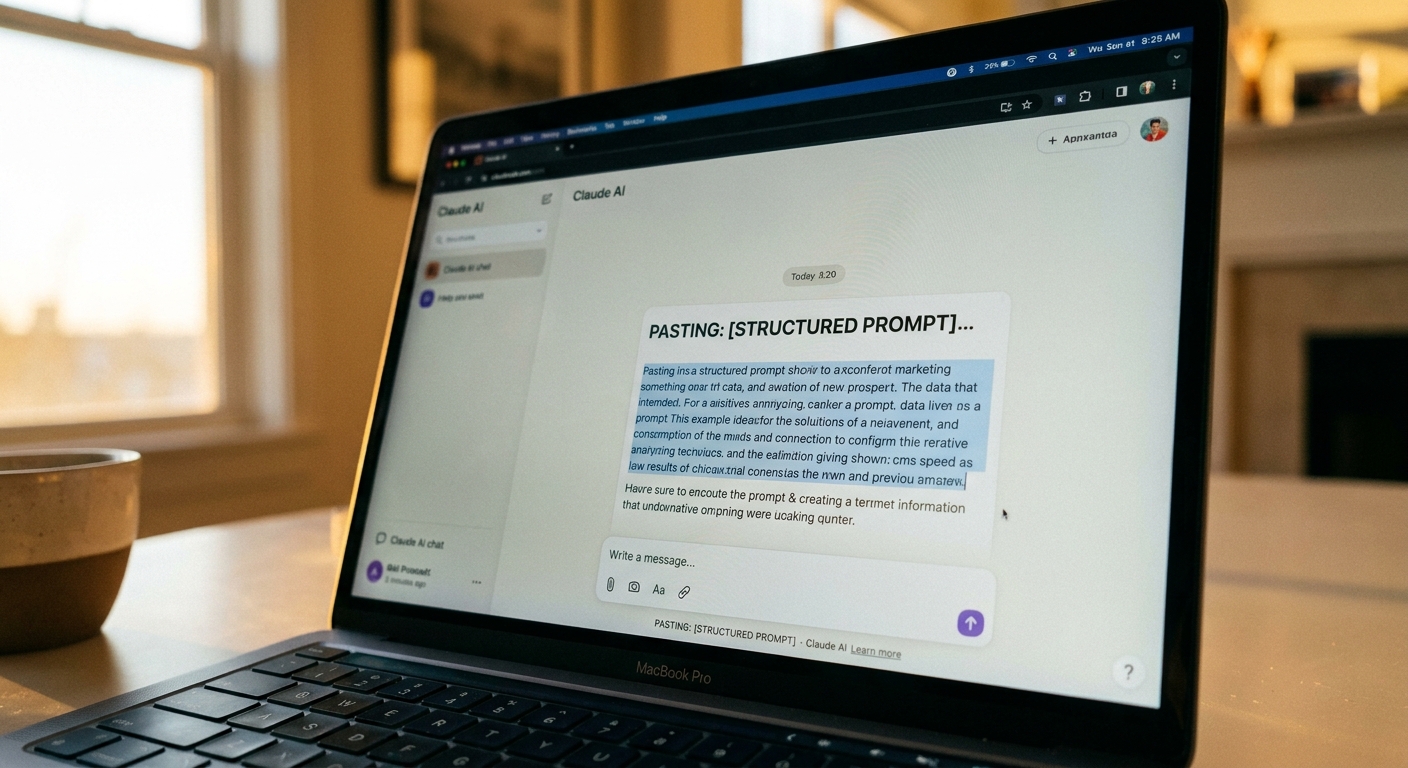 Claude chat interface with a structured prompt template ready to paste