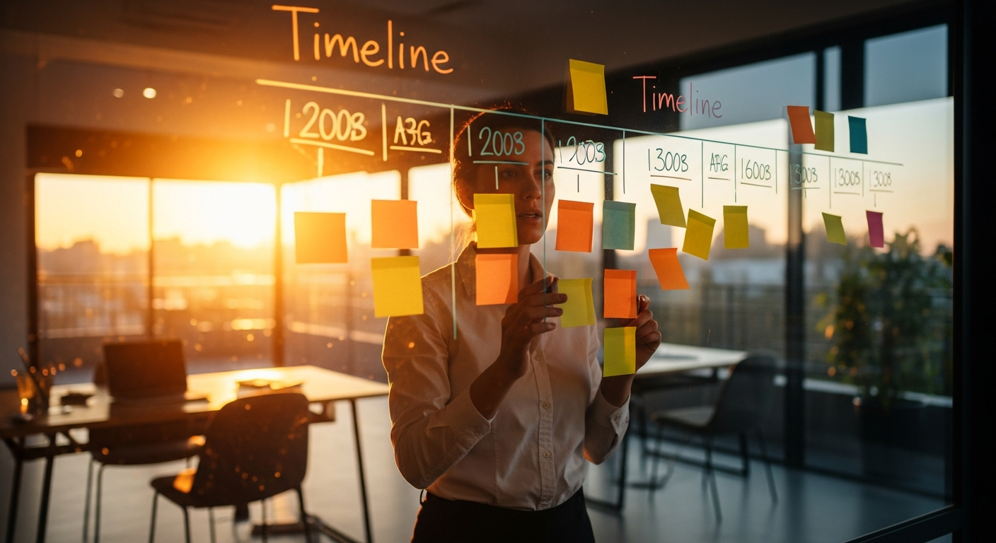 Technology timeline on a whiteboard with key milestones