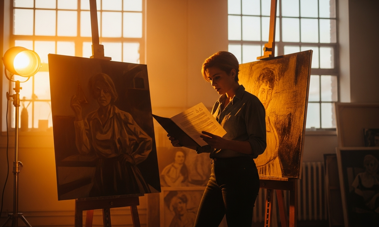 Artist in a studio holding a legal document beside their painting, representing AI copyright tension