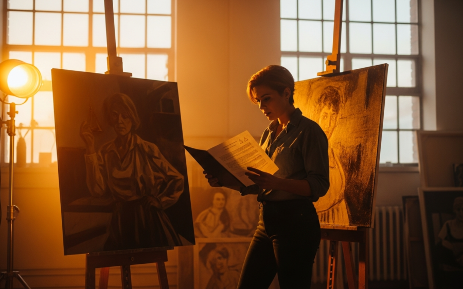 Artist in a studio holding a legal document beside their painting, representing AI copyright tension