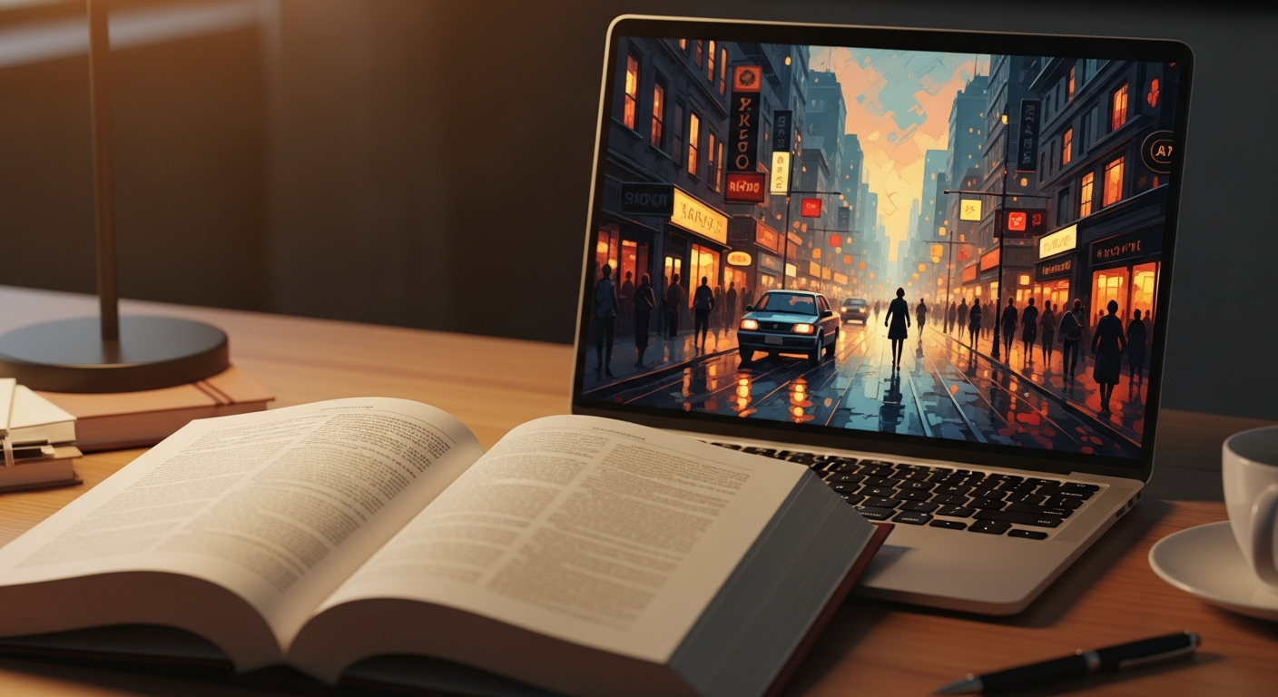 Legal reference books beside a laptop showing AI-generated creative work