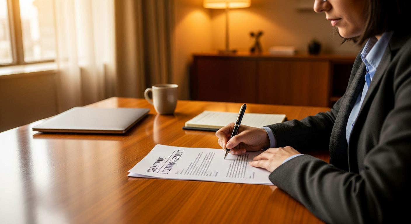 Creator signing a copyright agreement at a desk