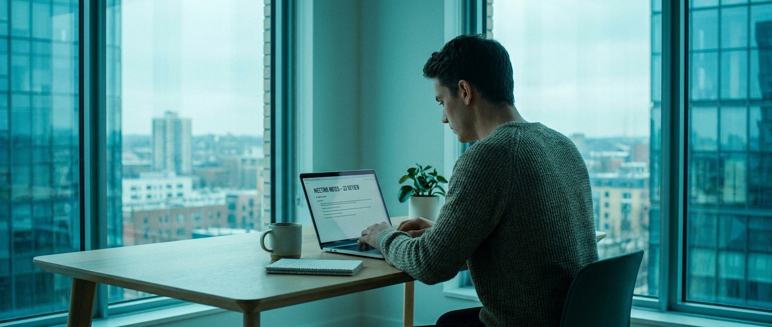 Meeting notes summary reviewed on a laptop immediately after a client call