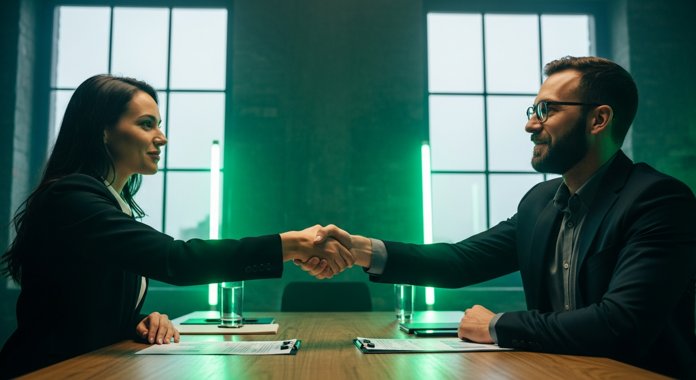 Two professionals shaking hands at a negotiation table after a deal