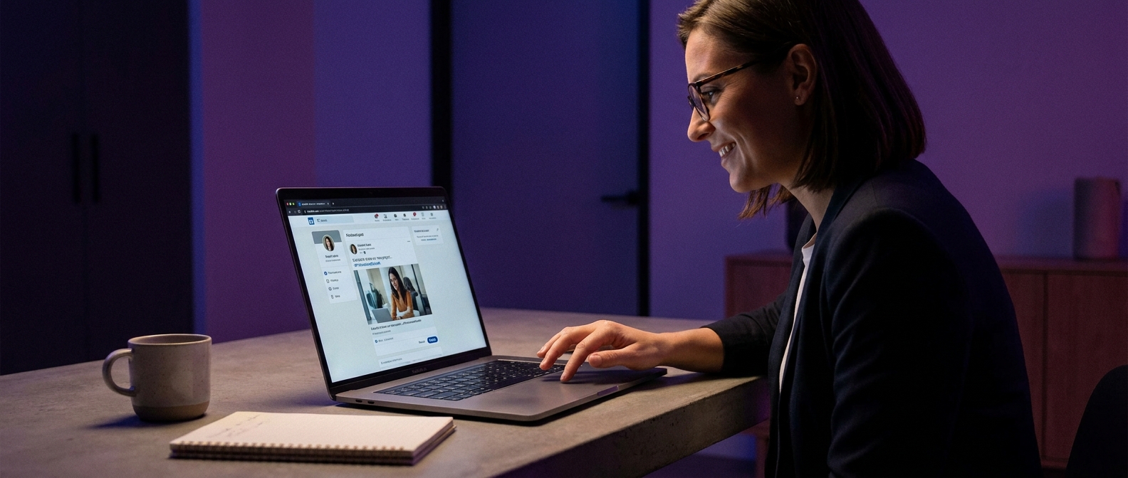 Freelancer reviewing a finished LinkedIn post on a laptop before publishing