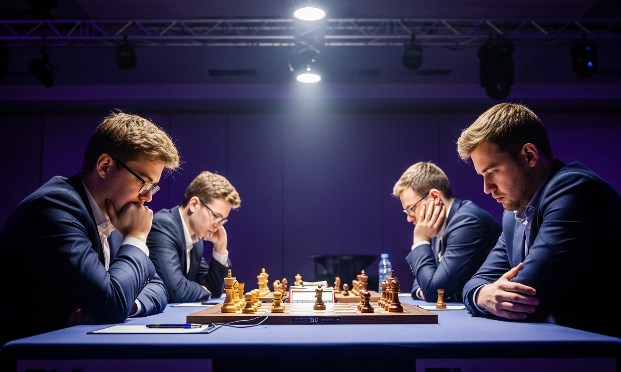 Four chess players at a tournament table representing four competing AI platforms