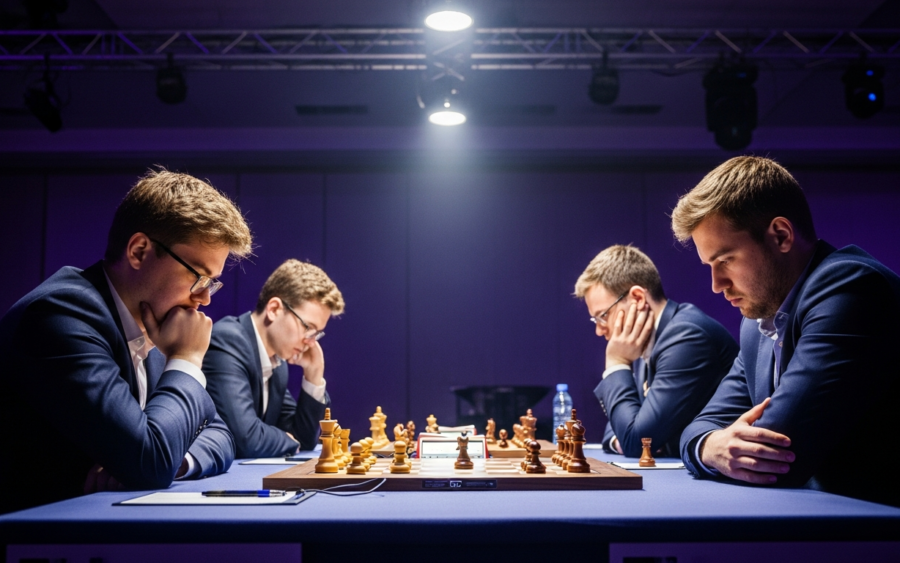 Four chess players at a tournament table representing four competing AI platforms
