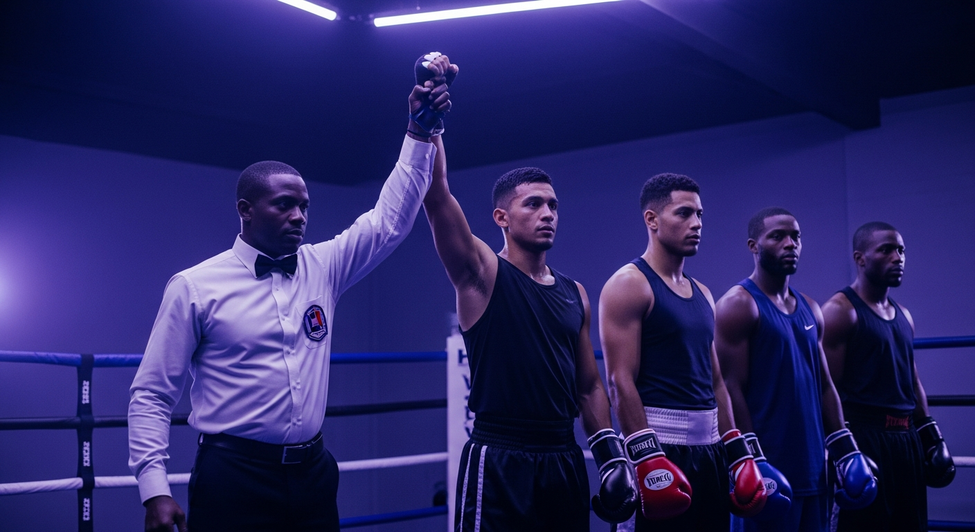 A referee declaring a winner among four competitors in a boxing gym