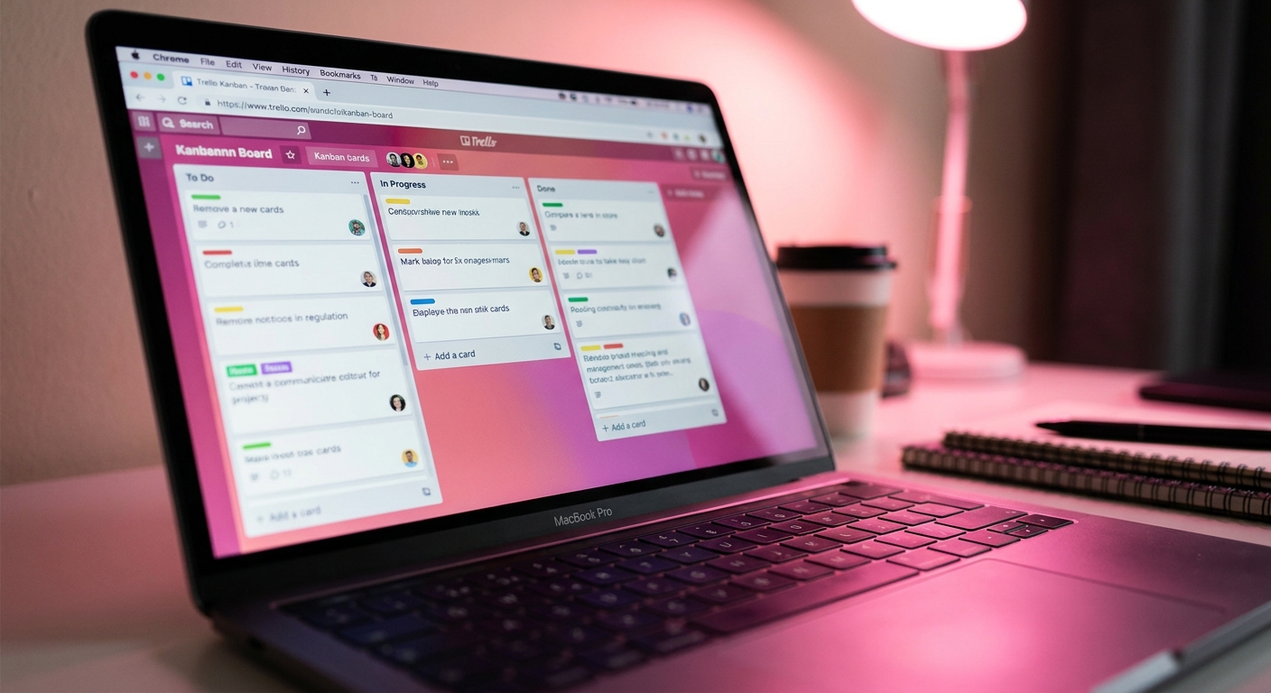 Trello kanban board with client project cards open on a laptop