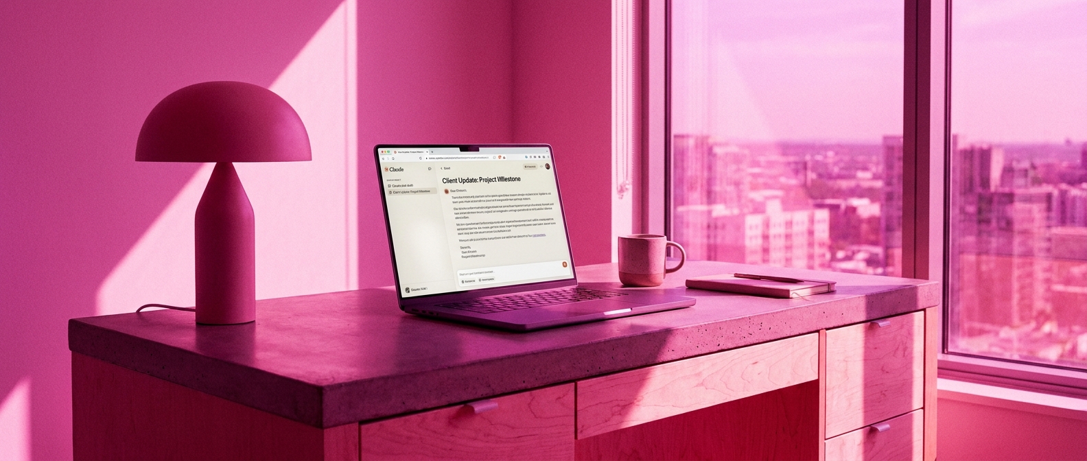 Claude chat drafting a weekly client project update email on a laptop