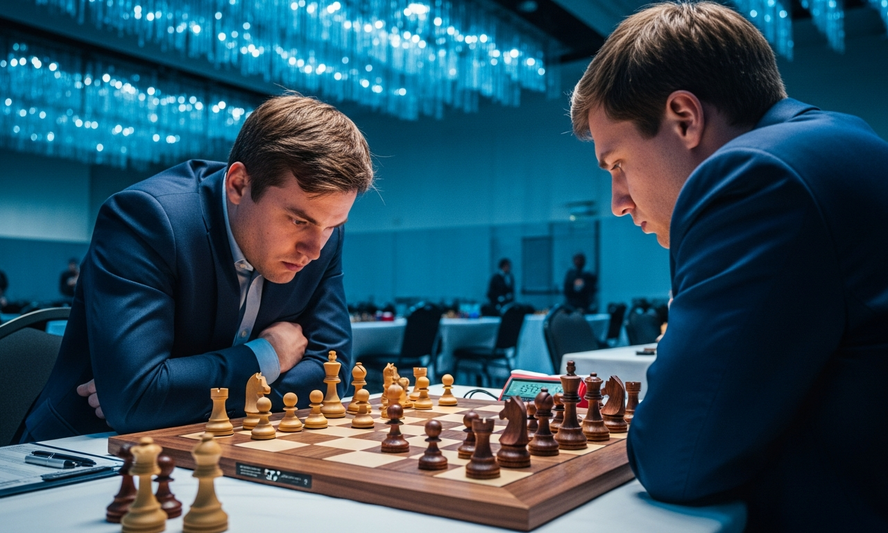Chess grandmaster studying a complex mid-game position representing strategic AI competition
