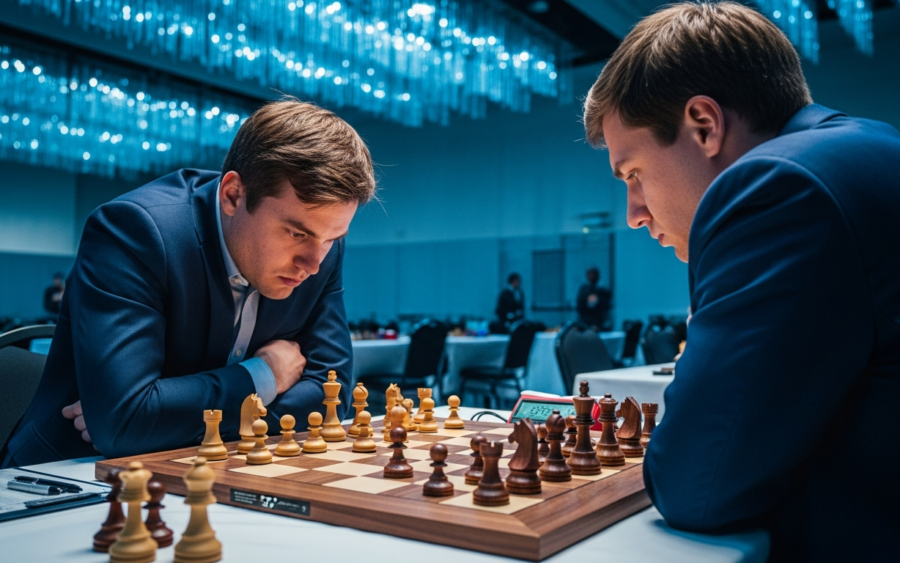 Chess grandmaster studying a complex mid-game position representing strategic AI competition