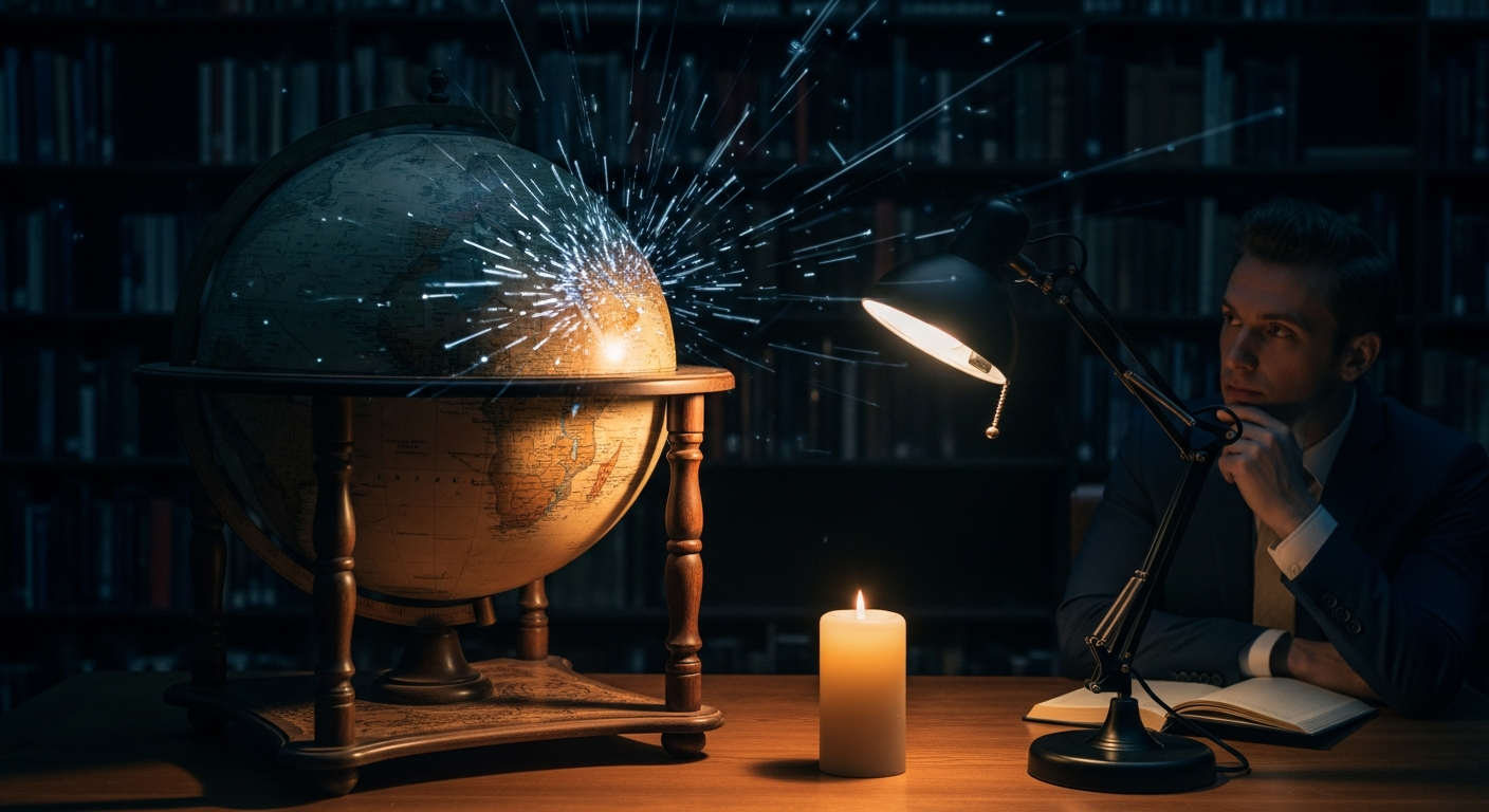 Antique globe in a library lit by cool blue light representing global tech competition