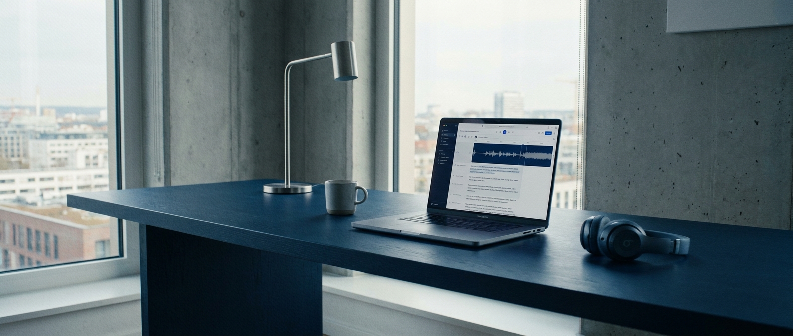 Descript transcript-based audio editor open on a laptop at a clean desk