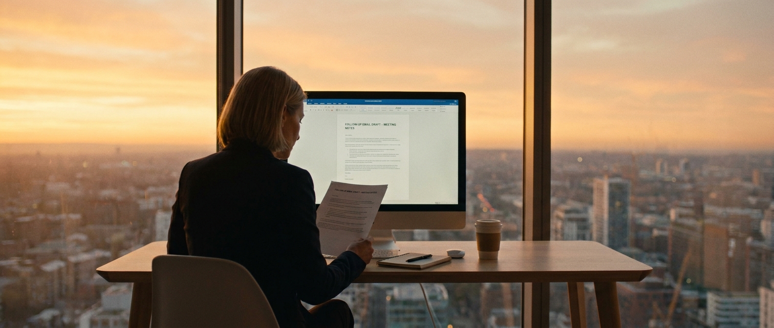 Follow-up email draft generated automatically from meeting notes on a laptop